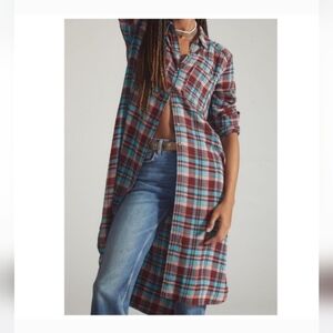 Pilcro Long Plaid Button-Up Shirt Dress in Teal and Burgundy